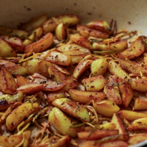 side view of Nepali aloo in the pan after cooking