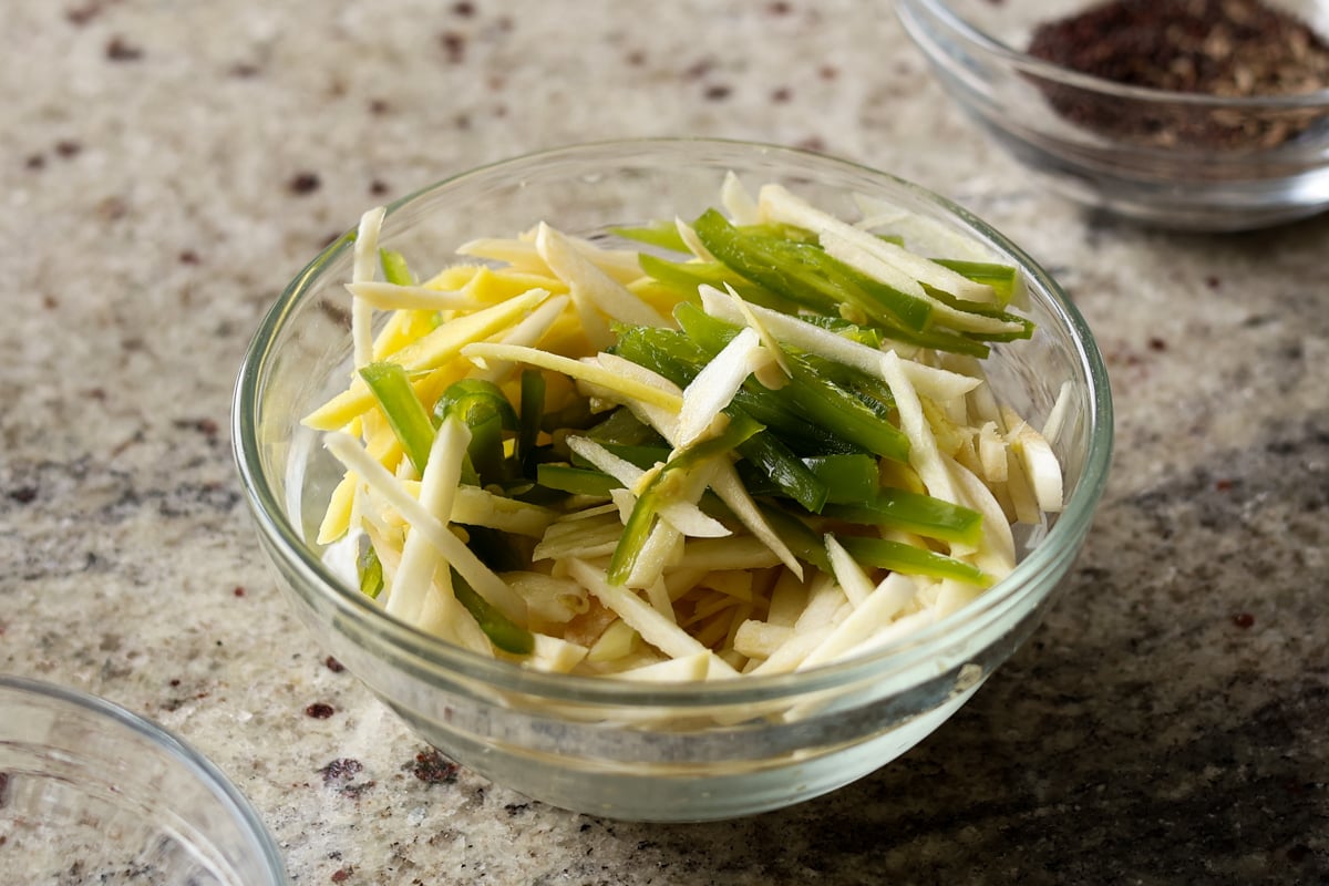 julienned aromatics in a bowl