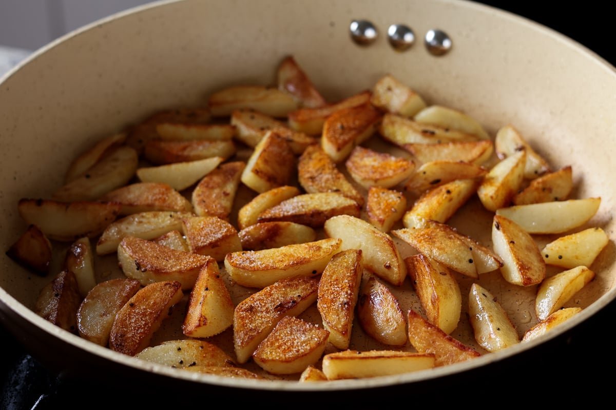 cooked potatoes in the pan