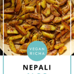 Nepali aloo in the pan after cooking, text overlay