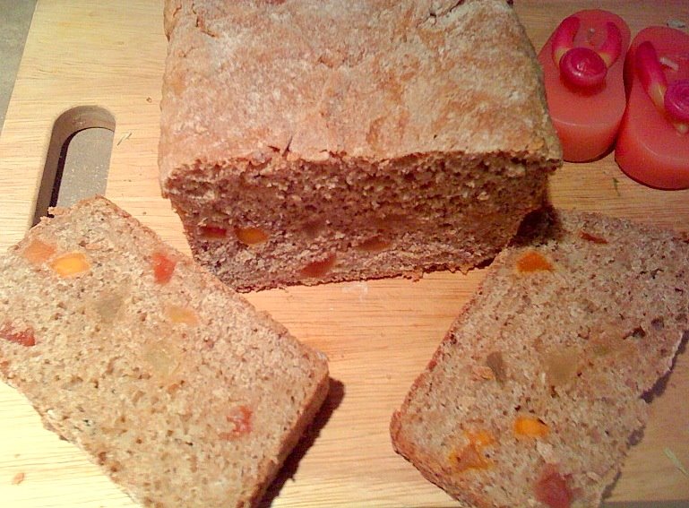 Oat wheat bread made with candied papaya, mango and pineapple. A delicious sweet and savory bread that's so easy to make. Vegan and nut free.#glutenfree #veganricha #vegan