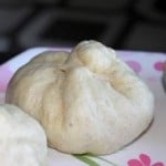 A closeup of a veggie bao on a white and pink patterned plate