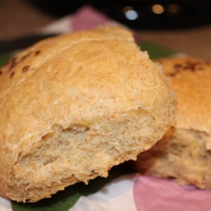 Two lentil curry buns on a work surface