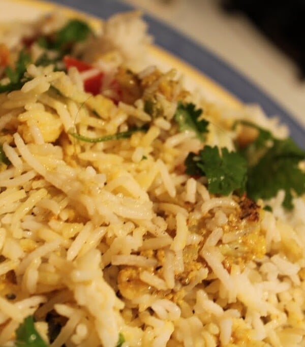 A close up of a plate of mughlai veggie biryani