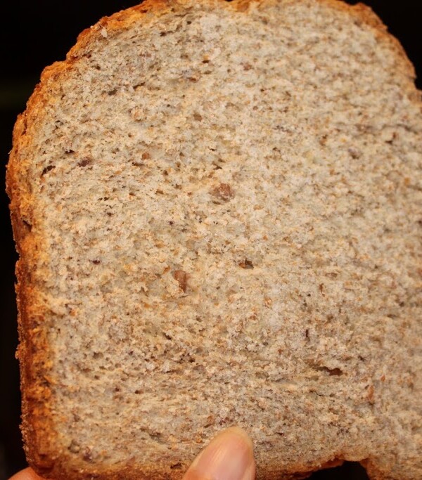 A slice of an orange blueberry multigrain loaf being held up towards the camera