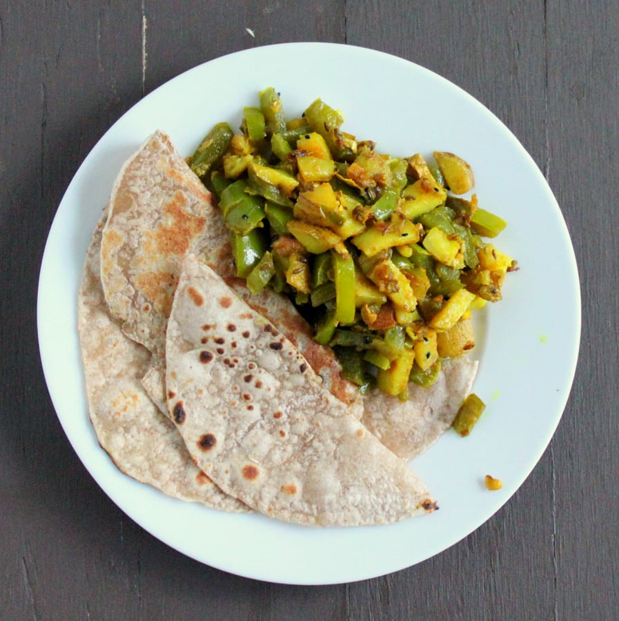 Saunf Aur Kalonji Waale Aloo Shimla Mirch (potatoes and bell peppers flavored with fennel and nigella). Vegan and Gluten Free Recipe. #glutenfree #veganricha #vegan