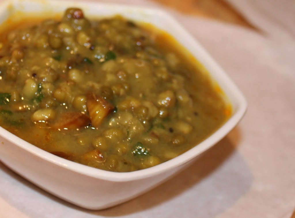Green mung daal is another simple lentil soup side dish. This one is made with whole green mung beans and tempered with slightly burnt garlic and spices! Vegan Gluten Free Recipe. #glutenfree #veganricha #vegan