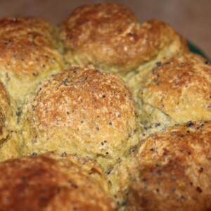 A close up of green tea pull apart rolls