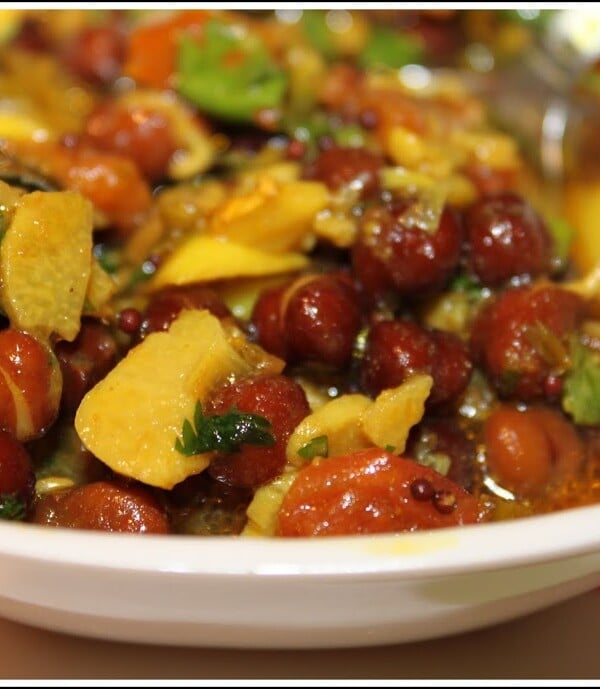 A bowl of sprouted black chickpea curry