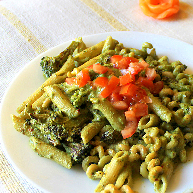 A super easy penne pasta dish made with basil cashew pesto, asparagus and red bell pepper. A great, quick meal for weeknights. Vegan Recipe. #veganricha #vegan