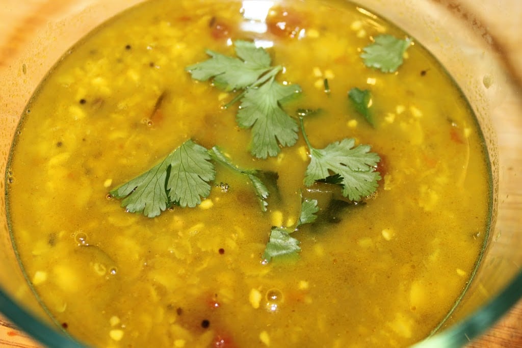Teen Daal Tadka (2 Lentil Curry). A quick lentil curry, serve hot topped with fresh cilantro, garam masala, lime juice and serve with fresh dinner rolls! #glutenfree #veganricha #vegan