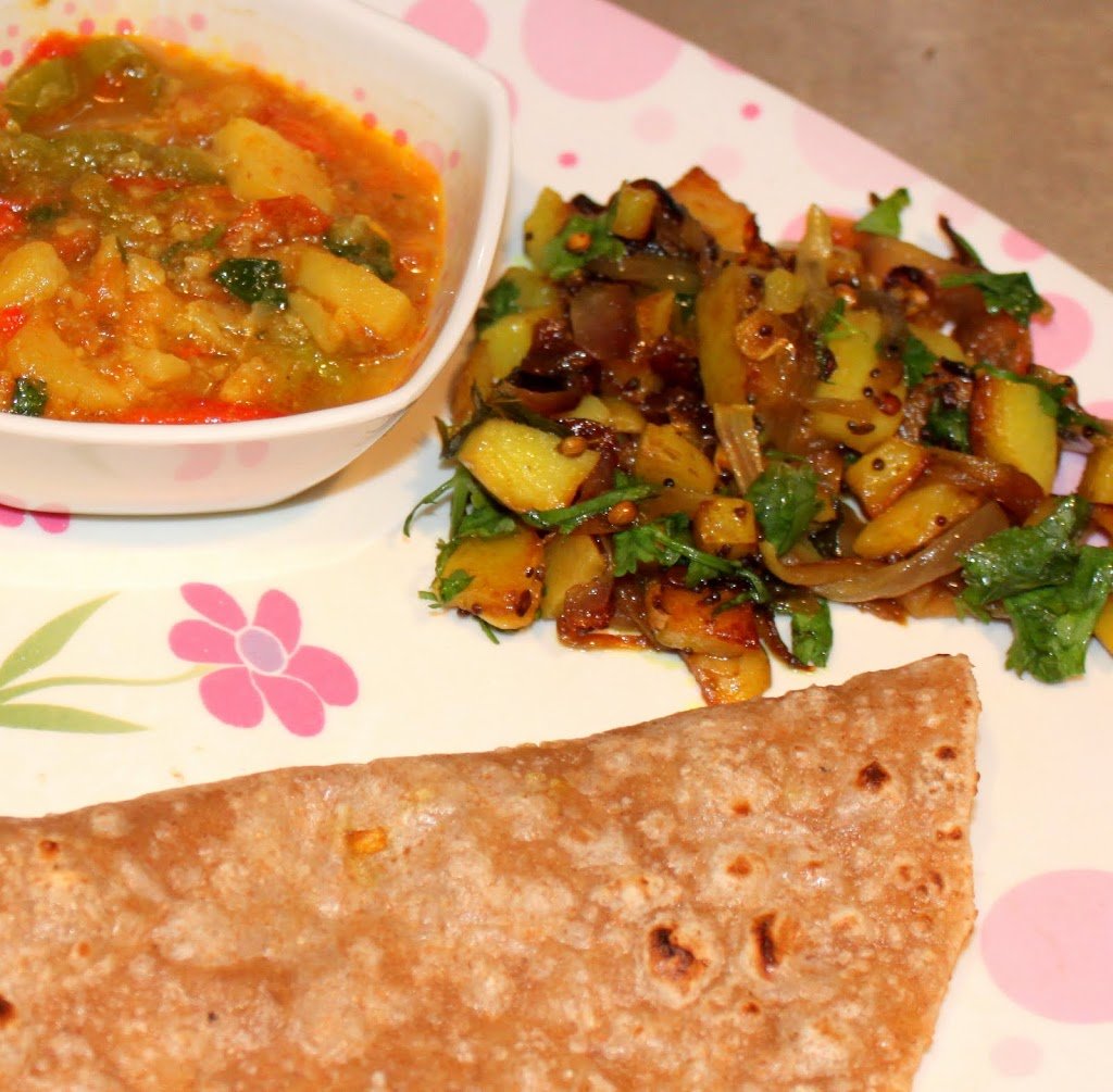 Aloo Pyaaz and Bhaji with Roti/Chapati (spiced potato onion vegetable stew with Indian bread). So delicious served as a main course. Vegan Recipe. #veganricha #vegan