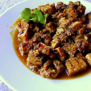Fake chicken curry served on a white plate with a green garnish