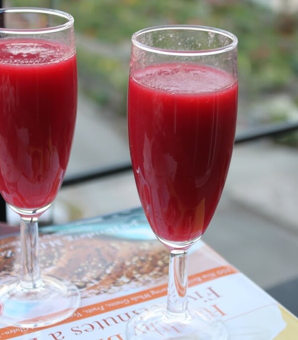 Two glasses of mango beet spiced cooler