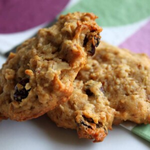 Two oatmeal raisin cookies on a purple and green background