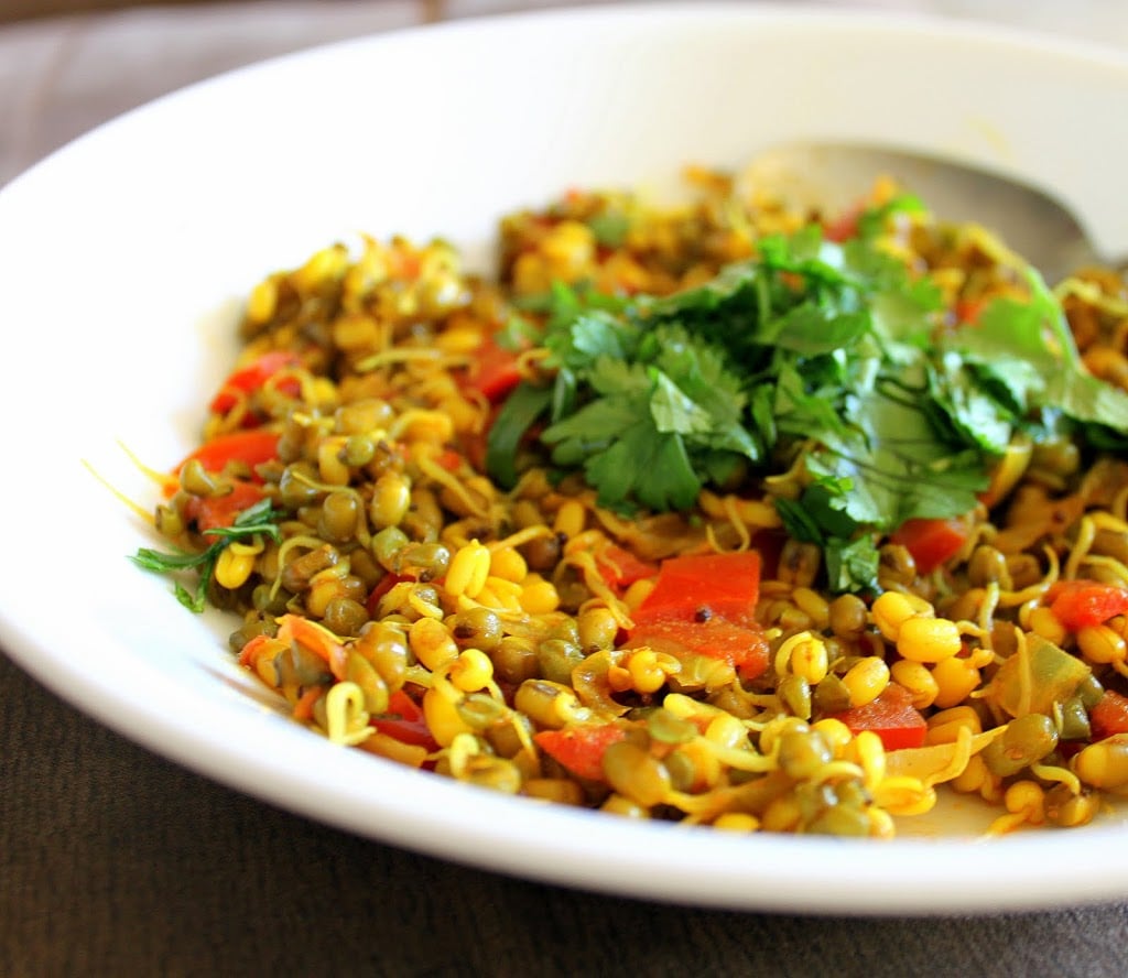Mung bean sprouts sauteed with spices. Delicious, quick and healthy, a great way to start the day. Vegan and Gluten Free Breakfast. #glutenfree #veganricha #vegan