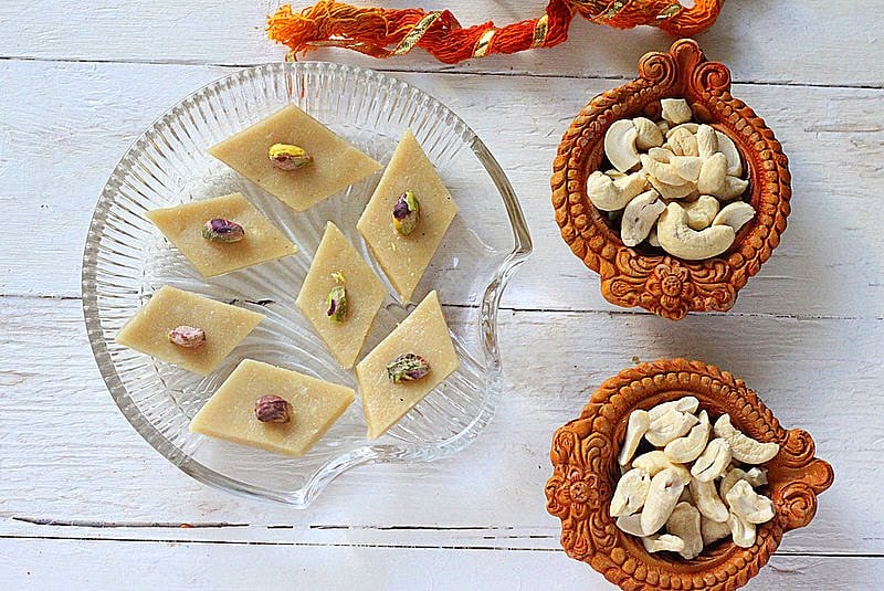 Vegan Kaju Katli - 20 minute Indian Cashew Fudge . Soft fudgy Cardamom Cashew Burfi Vegan Gluten-free Indian Recipe | VeganRicha.com