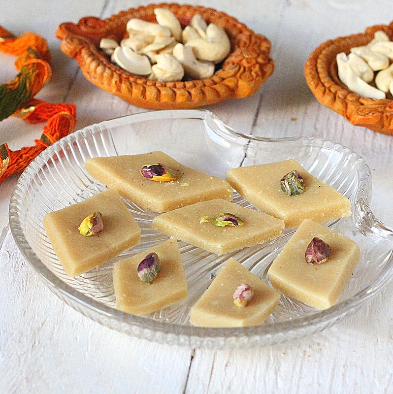 Vegan Kaju Katli - 20 minute Indian Cashew Fudge . Soft fudgy Cardamom Cashew Burfi Vegan Gluten-free Indian Recipe | VeganRicha.com