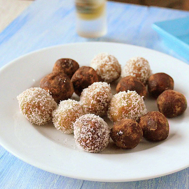Coconut Almond Rum Balls. Easy Festive Coconut rum balls. Make these into Indian sweet Ladoo with cardamom instead of rum. | VeganRicha.com #vegan #glutenfree #recipe