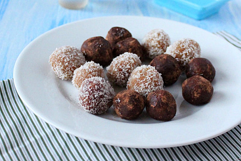 Coconut Almond Rum Balls. Easy Festive Coconut rum balls. Make these into Indian sweet Ladoo with cardamom instead of rum. | VeganRicha.com #vegan #glutenfree #recipe