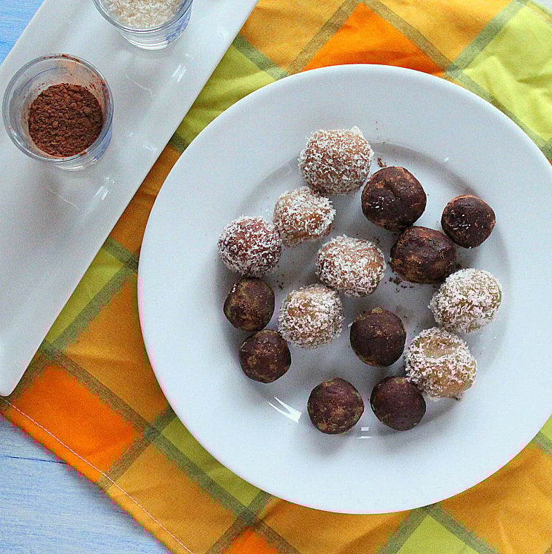 Coconut Almond Rum Balls. Easy Festive Coconut rum balls. Make these into Indian sweet Ladoo with cardamom instead of rum. | VeganRicha.com #vegan #glutenfree #recipe