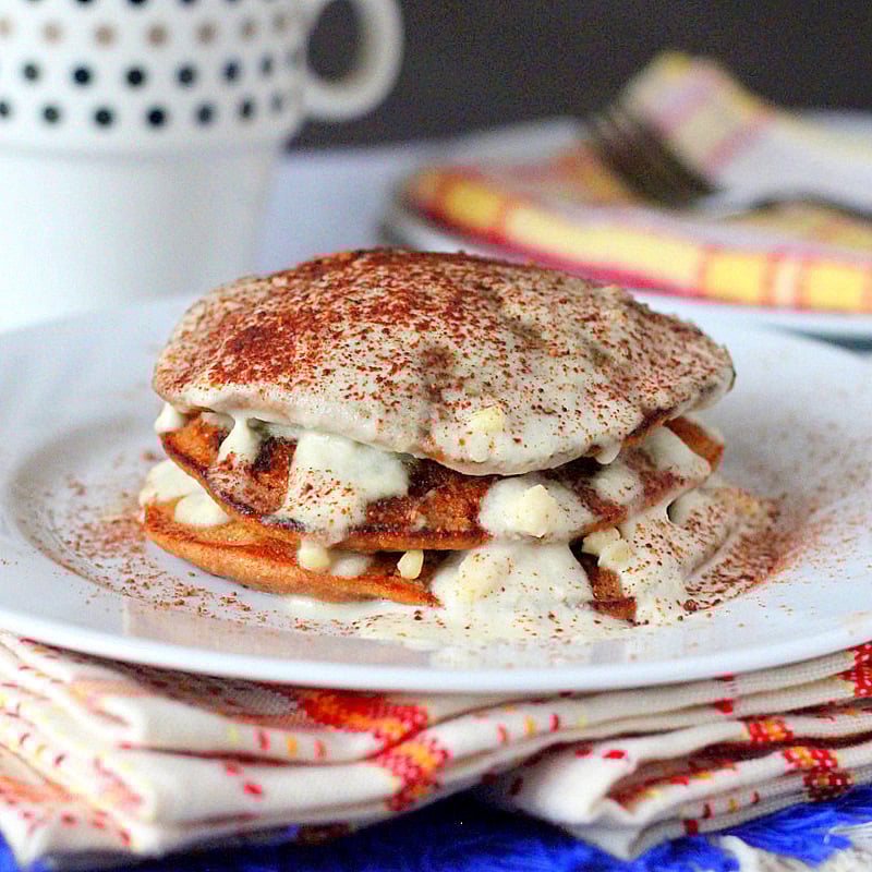 Vegan Tiramisu Pancakes. Coffee Chocolate Pancakes with maple liquor drizzle and cashew cream mascarpone. Vegan Pancake Recipe. VeganRicha.com