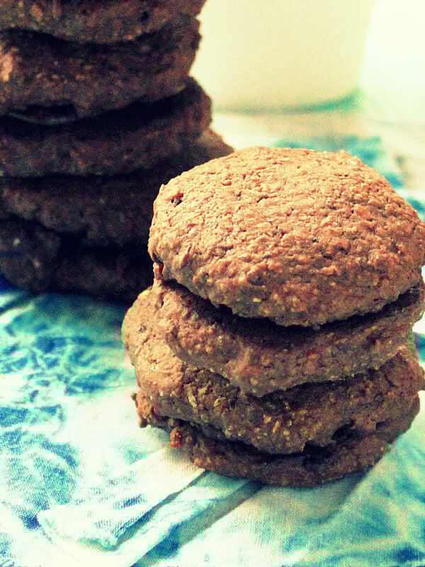 Chocolate whoopie pies stacked on a work surface
