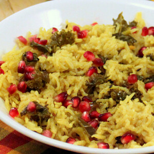 vegan rice kale pilaf served in a white bowl