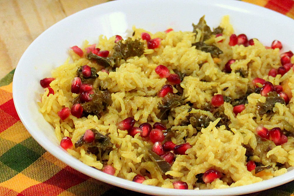 Vegan Rice Kale Pilaf - Rice Pulao/Pilaf with Kale, Cashews, Vegetables | www.veganricha.com