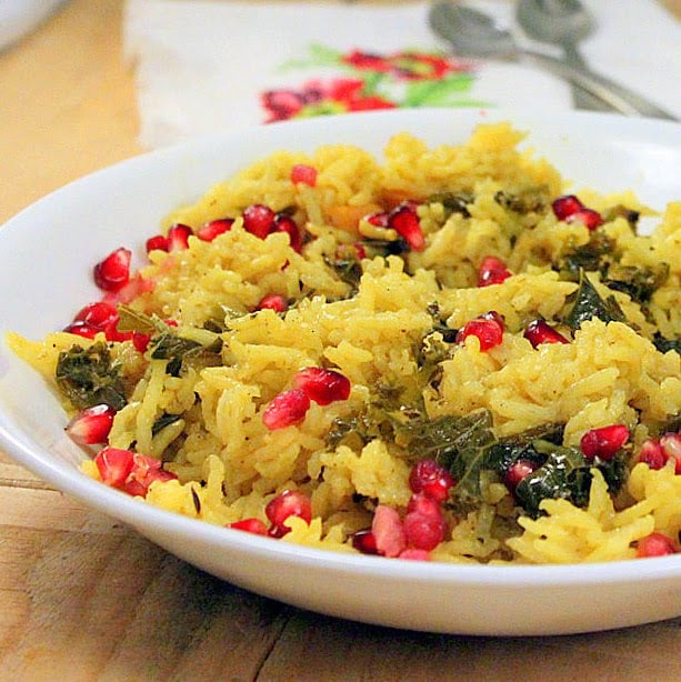 Vegan Rice Kale Pilaf - Rice Pulao/Pilaf with Kale, Cashews, Vegetables