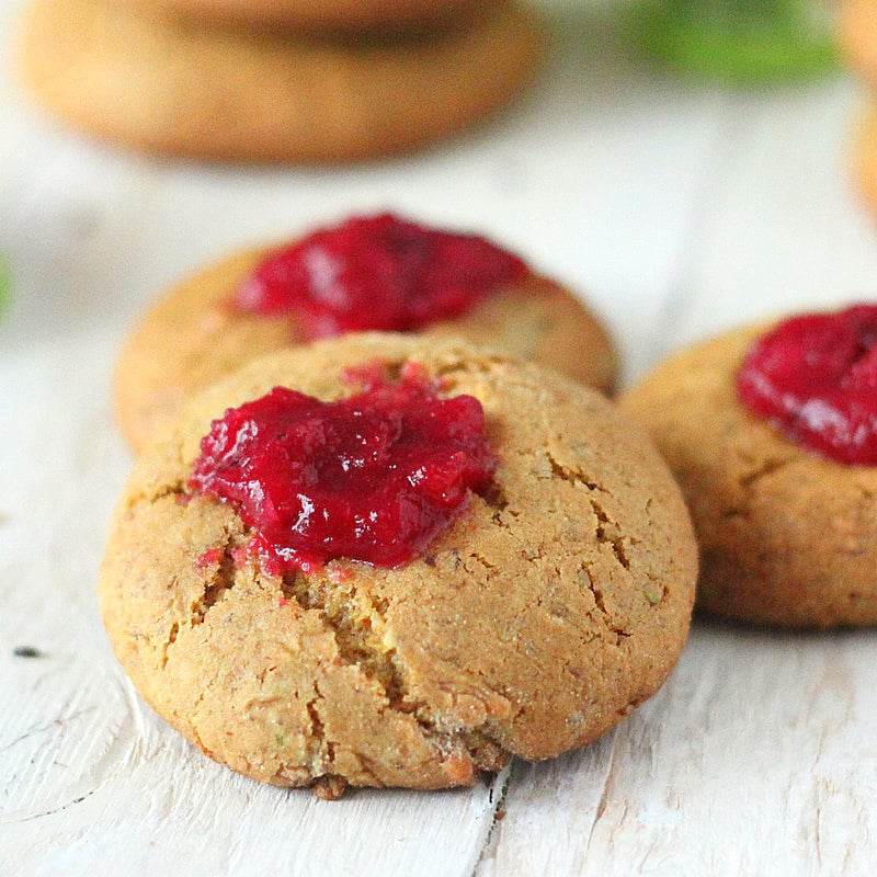 Pistachio Almond Cranberry Thumbprint Cookies. A delicious and easy sweet treat, Vegan Recipe. #veganricha #vegan