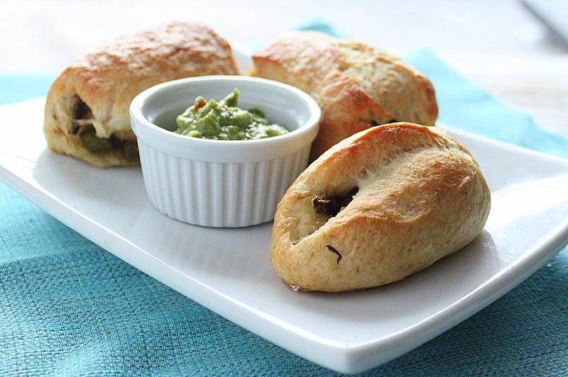 Stuffed pretzels with sauteed cremini mushrooms and green beans. A delicious and fun snack for game day! Vegan Recipe. #veganricha #vegan