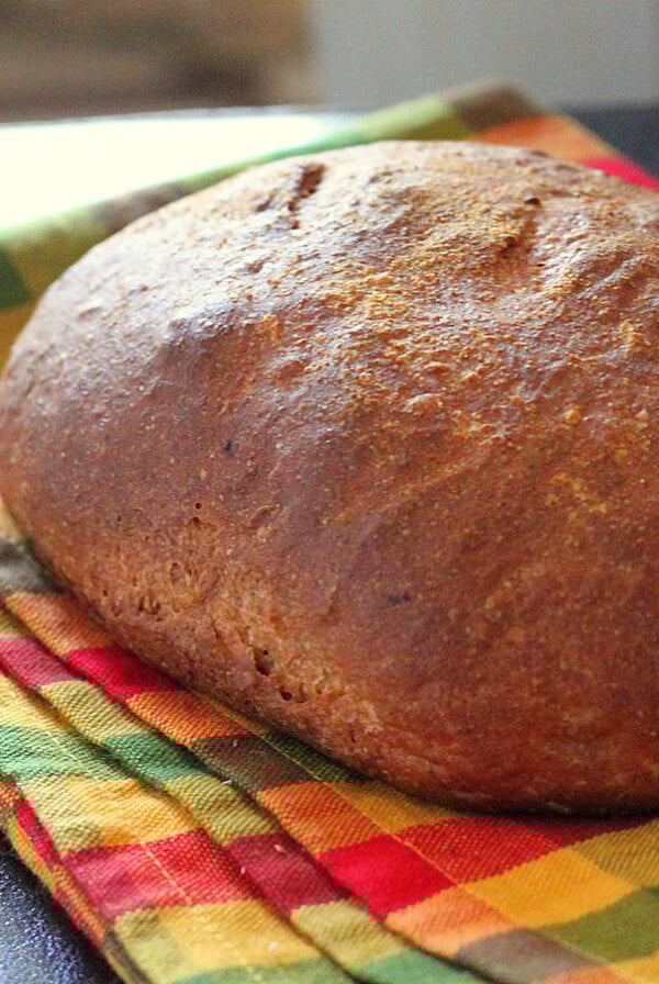 A loaf of faux sourdough bread on an orange and green gingham fabric