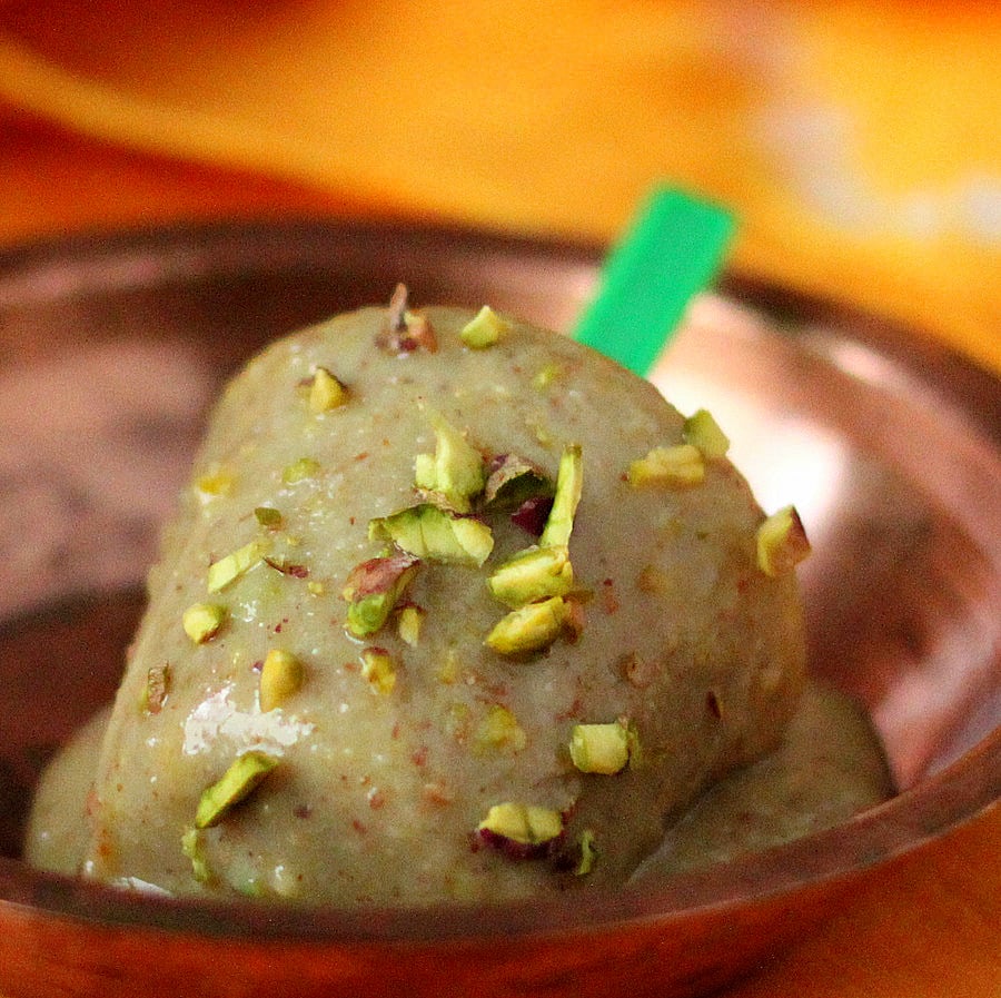 Creamy Pistachio Almond Cardamom Popsicle - Indian Pista Kulfi Dessert. Non Dairy Ice Cream. Vegan Gluten-free Soy-free Recipe.