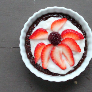 Top down shot of a chocolate cream berry pie