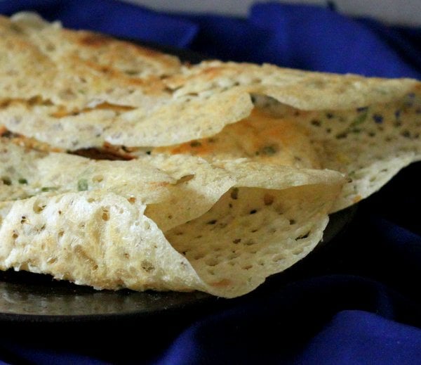 Gluten free Rava Dosa (Quick Indian Rice flour crepes) with Potato masala and coconut chutney