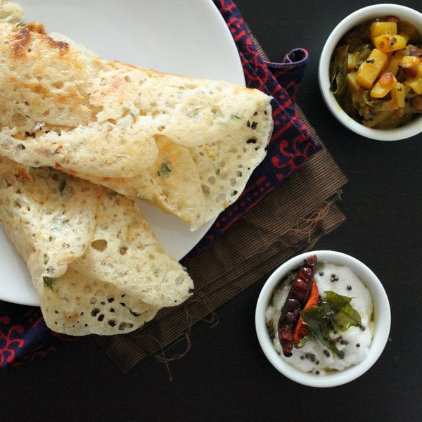 Gluten free Rava Dosa (Quick Indian Rice flour crepes) with Potato masala and coconut chutney | Vegan richa