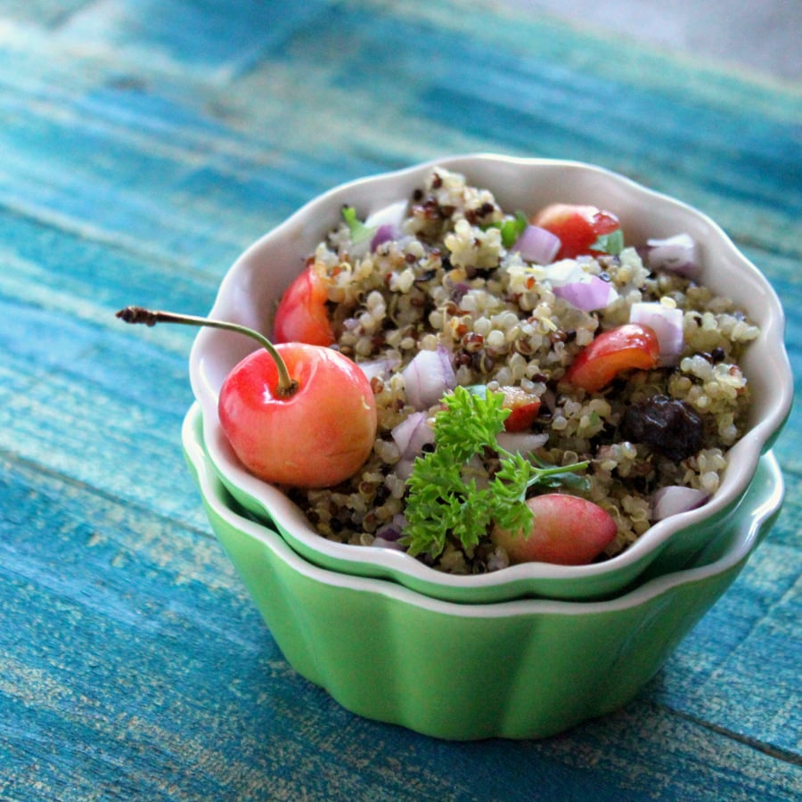 Toasted Rainbow Quinoa Salad with Rainier Cherries, Raisins, Red onion | Vegan Richa