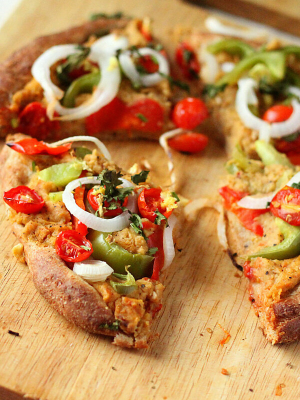 The pizza toppings have indian flavors with the Chana masala Spice hummus, some grated fresh ginger and cilantro garnish.. You can make it your own to taste! #glutenfree #veganricha #vegan