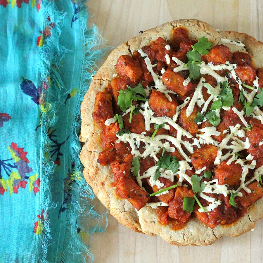 Tempeh Tikka Masala Pizza with Oat Rice Focaccia style Gluten-free Pizza Crust