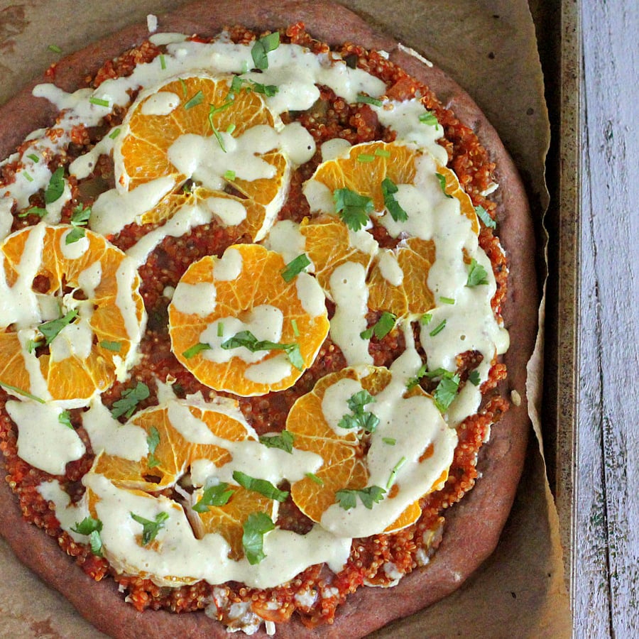 Quinoa Sloppy Joes Pizza with Rye Crust, Orange slices, Jalapeno Aioli |VeganRicha.com #vegan #pizza