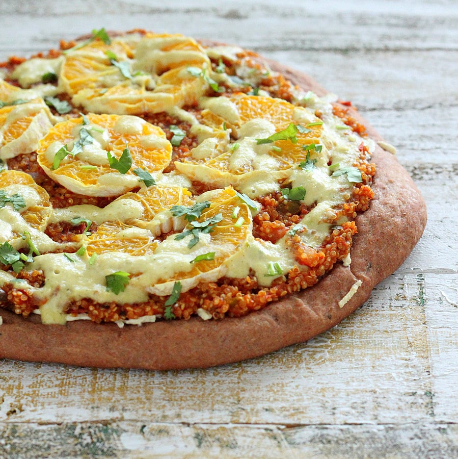 Quinoa Sloppy Joes Pizza with Rye Crust, Orange slices, Jalapeno Aioli | VeganRicha.com