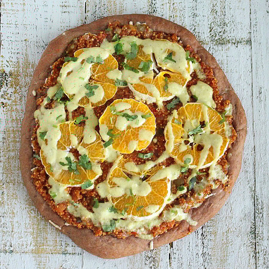 Quinoa Sloppy Joes Pizza with Rye Crust, Orange slices, Jalapeno Aioli |VeganRicha.com #vegan #pizza