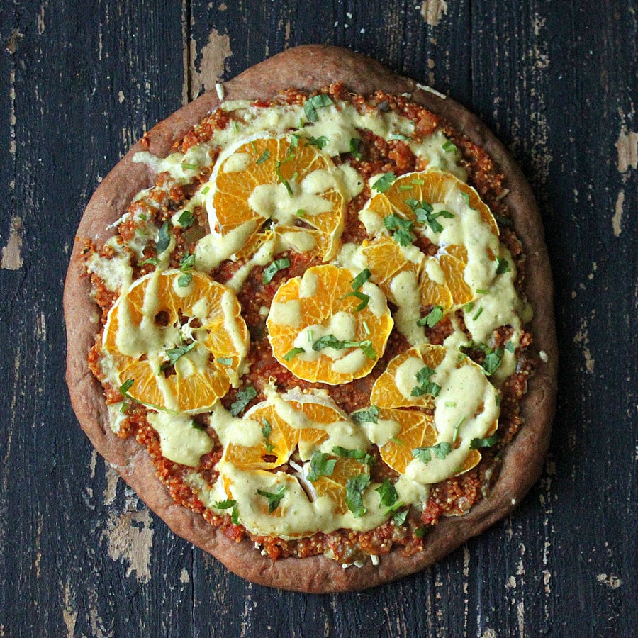 Quinoa Sloppy Joes Pizza with Rye Crust, Orange slices, Jalapeno Aioli |VeganRicha.com #vegan #pizza