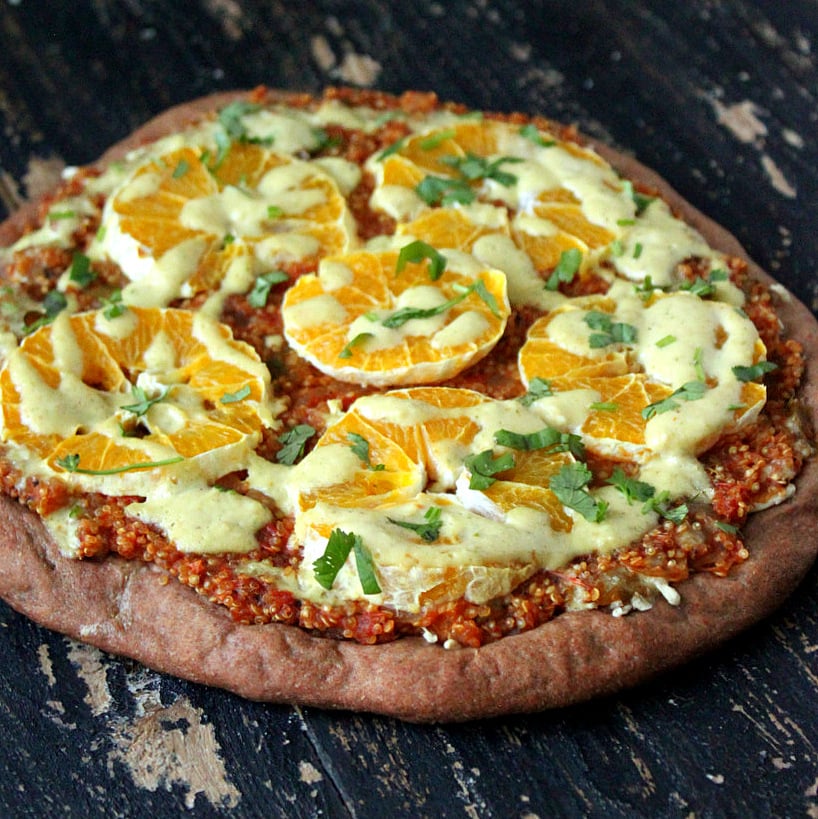 Quinoa Sloppy Joes Pizza with Rye Crust, Orange slices, Jalapeno Aioli |VeganRicha.com #vegan #pizza