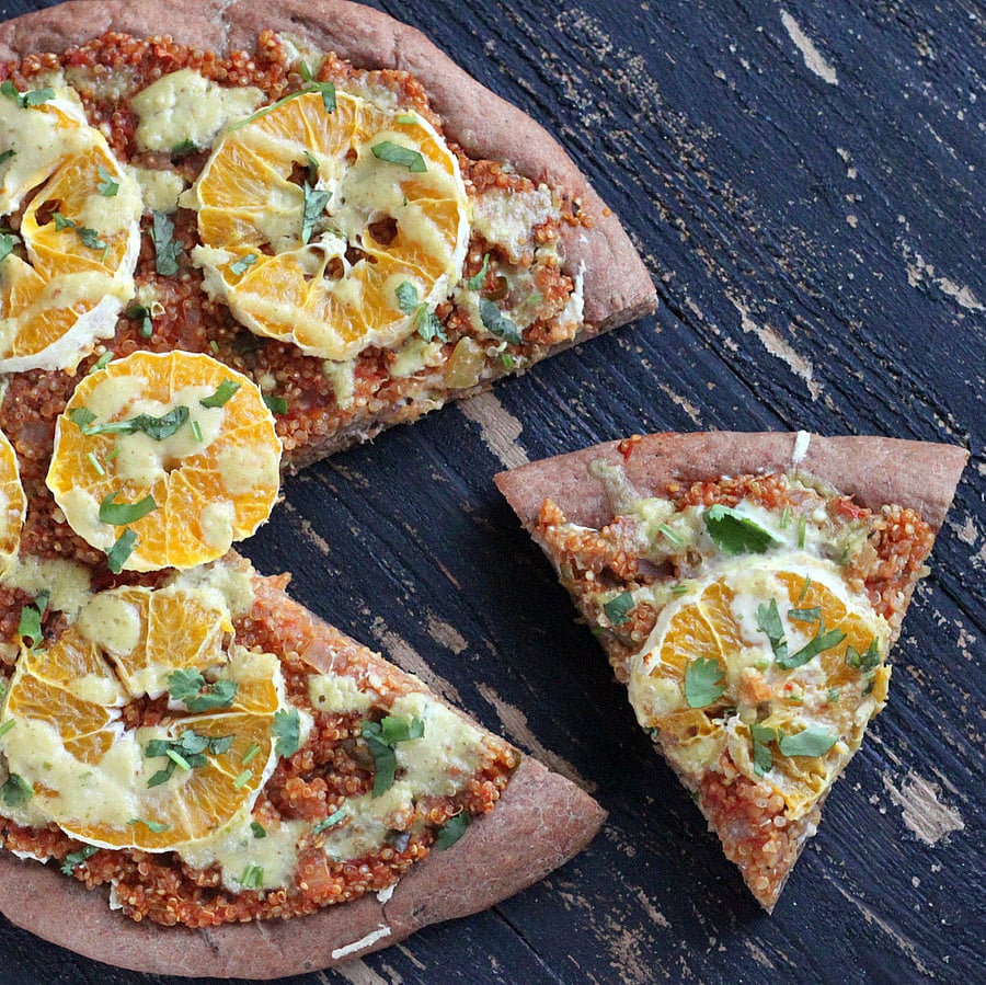 Quinoa Sloppy Joes Pizza with Rye Crust, Orange slices, Jalapeno Aioli |VeganRicha.com #vegan #pizza