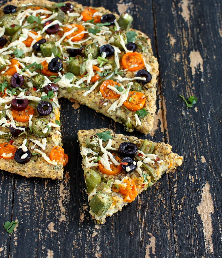 Kale Millet Chickpea quiche Pizza topped with okra, tomatoes and olives | Vegan Richa #vegan #glutenfree #yeastfree