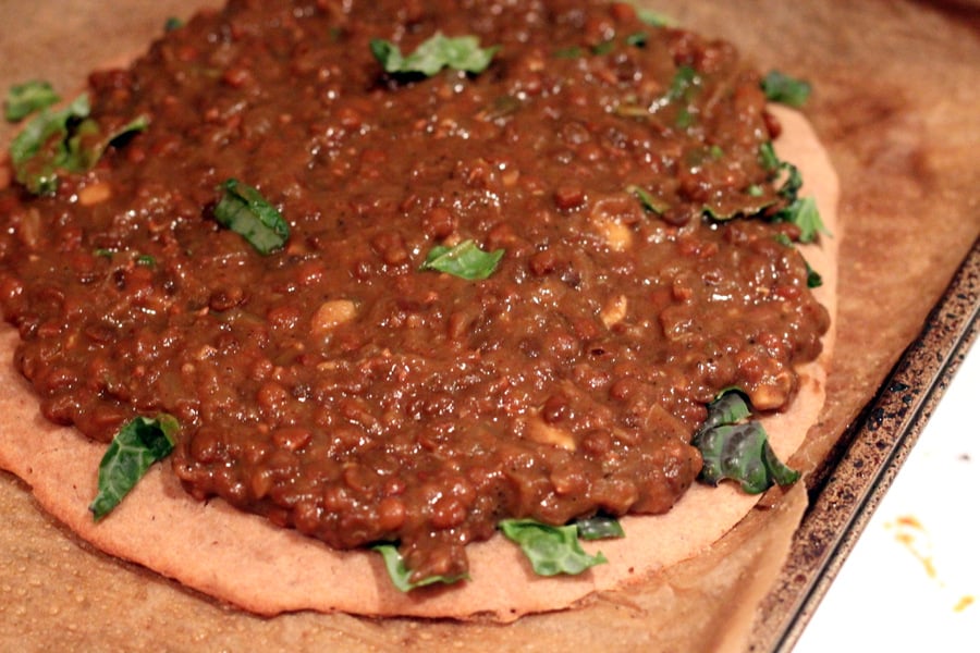 Missir Wot Pizza - Ethiopian Red lentil stew and Kale on Gluten free teff pizza crust. Gluten-free Pizza with ethiopian lentil topping. | VeganRicha.com #vegan #glutenfree #recipe