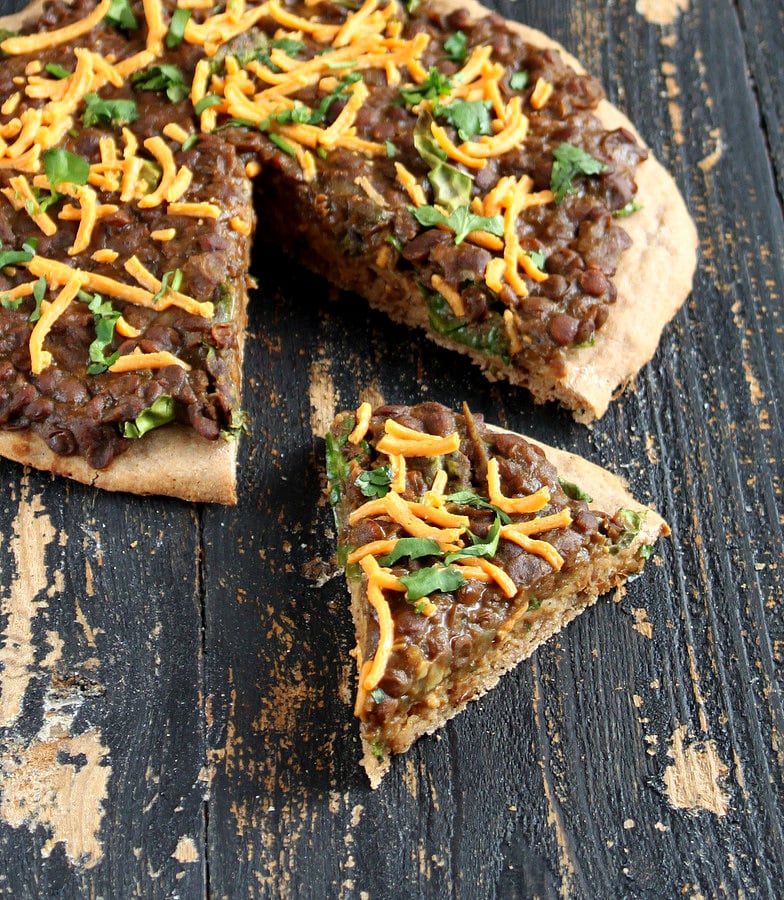 Missir Wot Pizza - Ethiopian Red lentil stew and Kale on Gluten free teff pizza crust. Gluten-free Pizza with ethiopian lentil topping. | VeganRicha.com #vegan #glutenfree #recipe