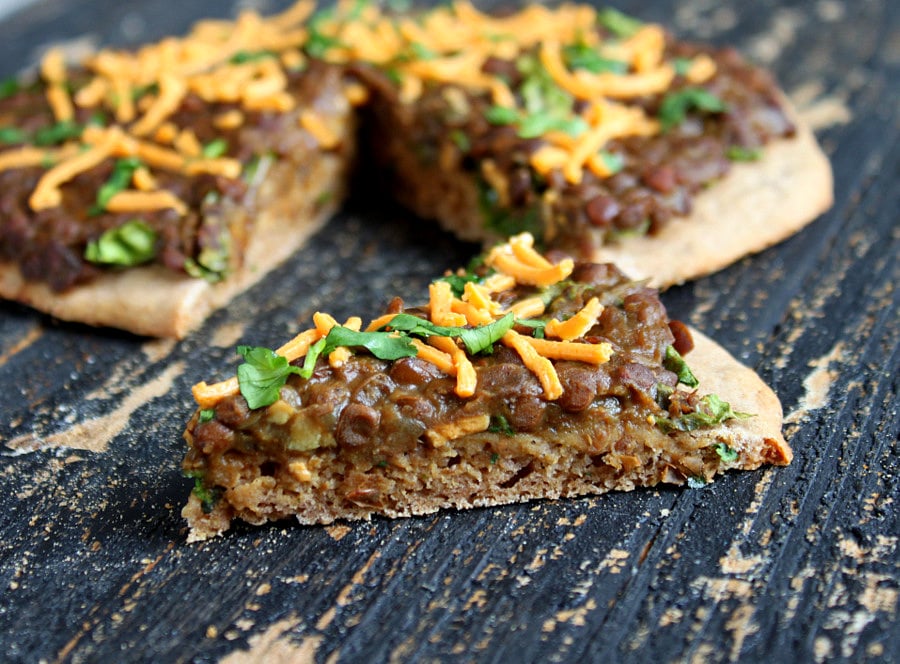 Missir Wot Pizza - Ethiopian Red lentil stew and Kale on Gluten free teff pizza crust. Gluten-free Pizza with ethiopian lentil topping. | VeganRicha.com #vegan #glutenfree #recipe